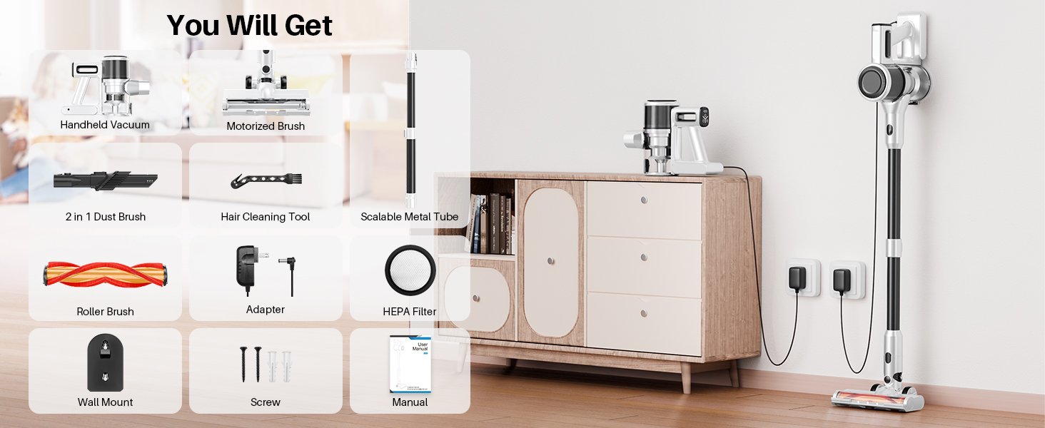 BSNAW White Cordless Stick Vacuum package